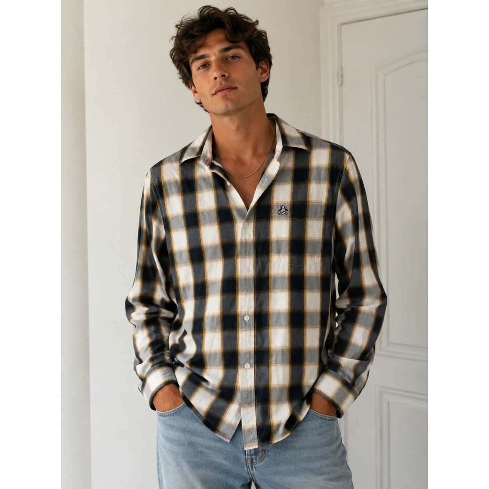 Original Penguin '75 Men's Heritage Slim Fit Plaid Button Up Shirt Penguin Logo